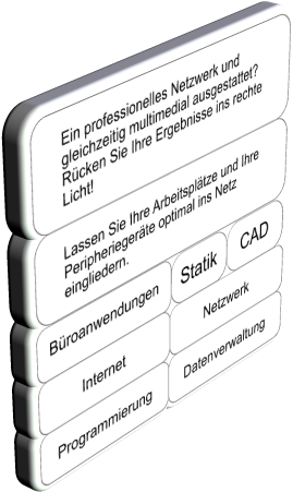 Lassen Sie Ihre Arbeitspltze und Ihre Peripheriegerte optimal ins Netz eingliedern. Ein professionelles Netzwerk und gleichzeitig multimedial ausgestattet? Rcken Sie Ihre Ergebnisse ins rechte Licht! Programmierung Datenverwaltung Statik Broanwendungen CAD Internet Netzwerk